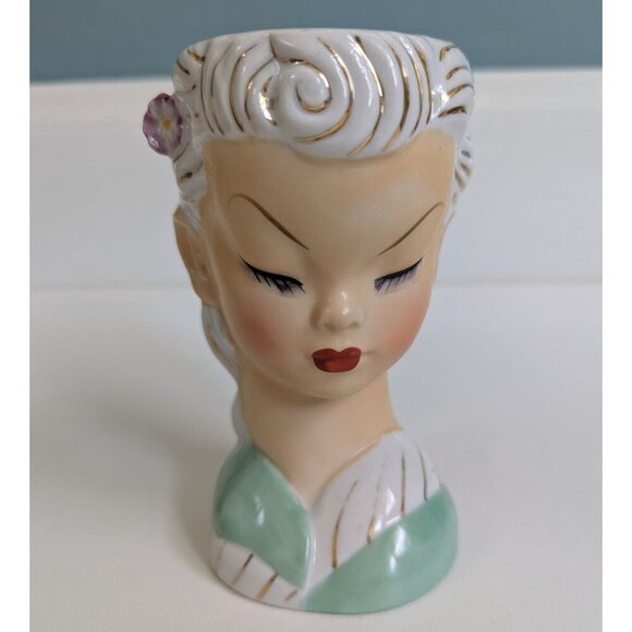 Lefton Other - Vintage Lefton 1950 Lady Head Vase White Hair & Gold Accents 6” Mint Green